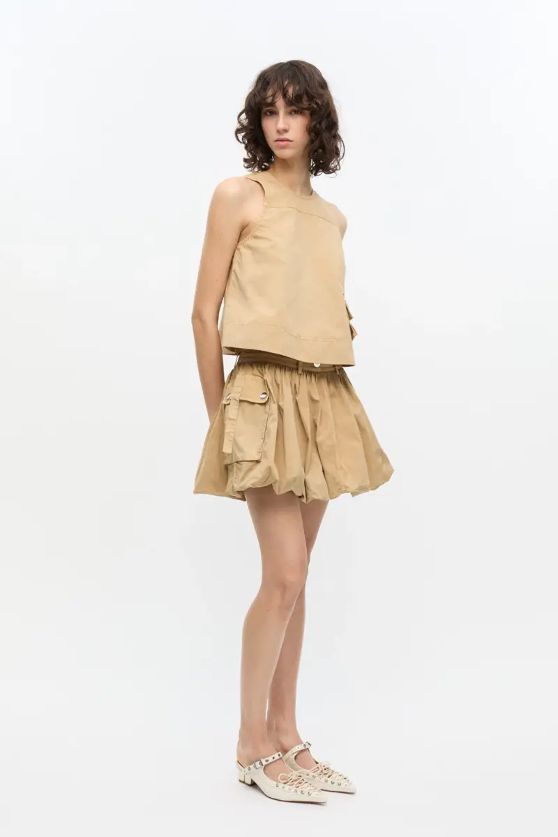 Beige Washed Cotton Mini Bubble Skirt