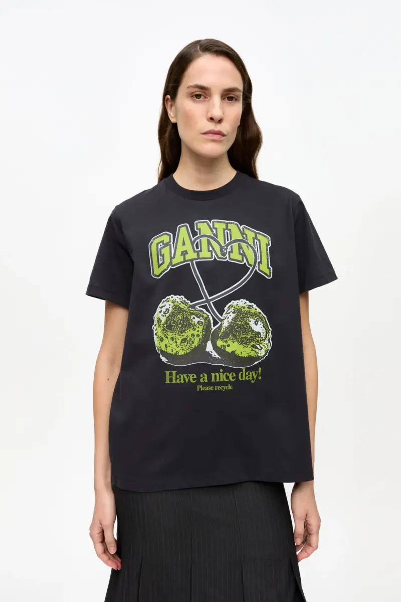Black Basic Jersey Green Cherry Relaxed T-shirt