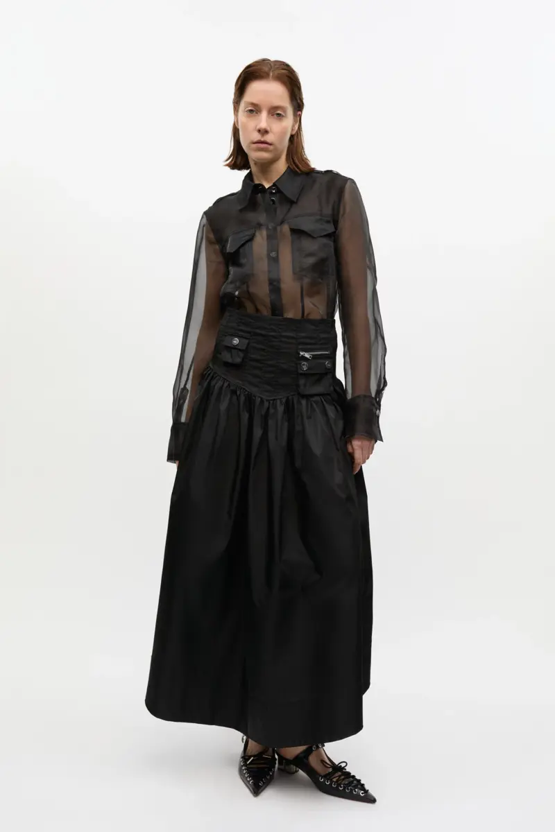 Black Duchesse Nylon Long Pocket Skirt