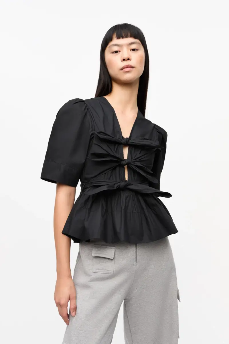 Black Stretch Cotton Tie Strap Blouse