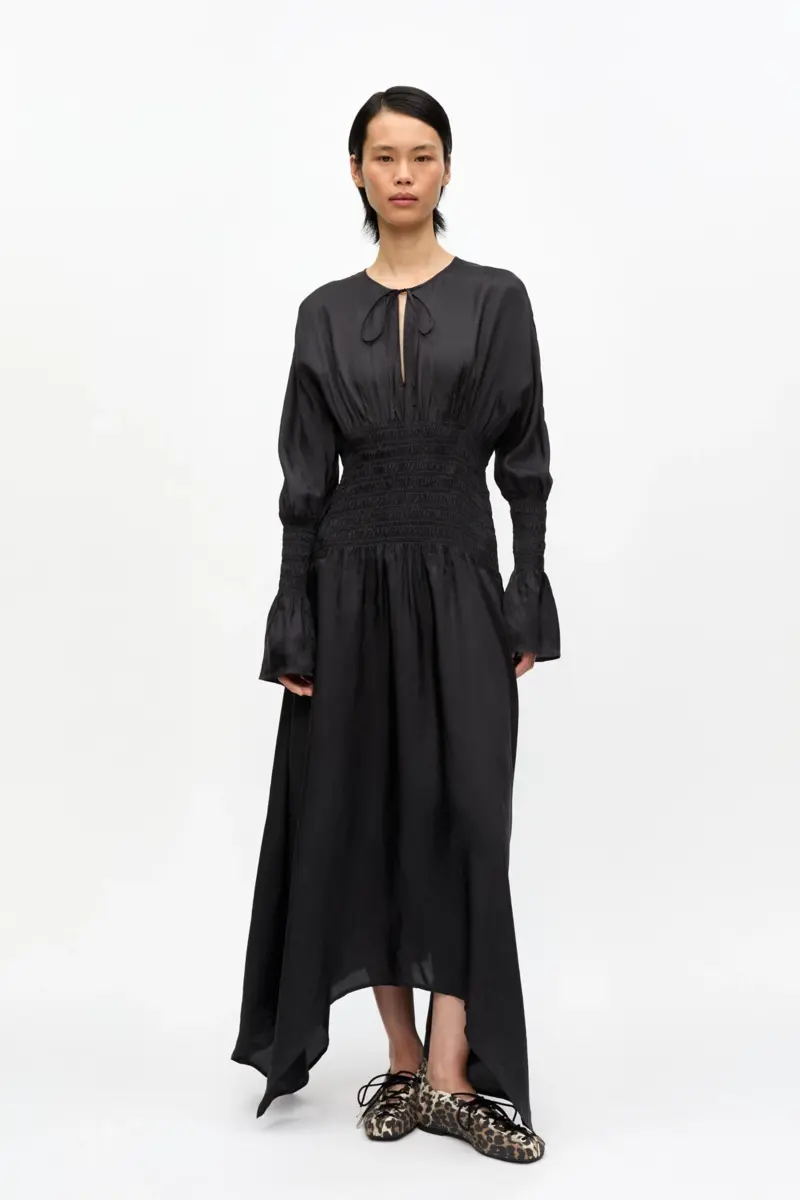 Black Viscose Habotai Smock Midi Dress