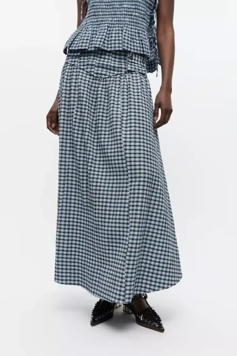 Blue Seersucker Check Long Skirt