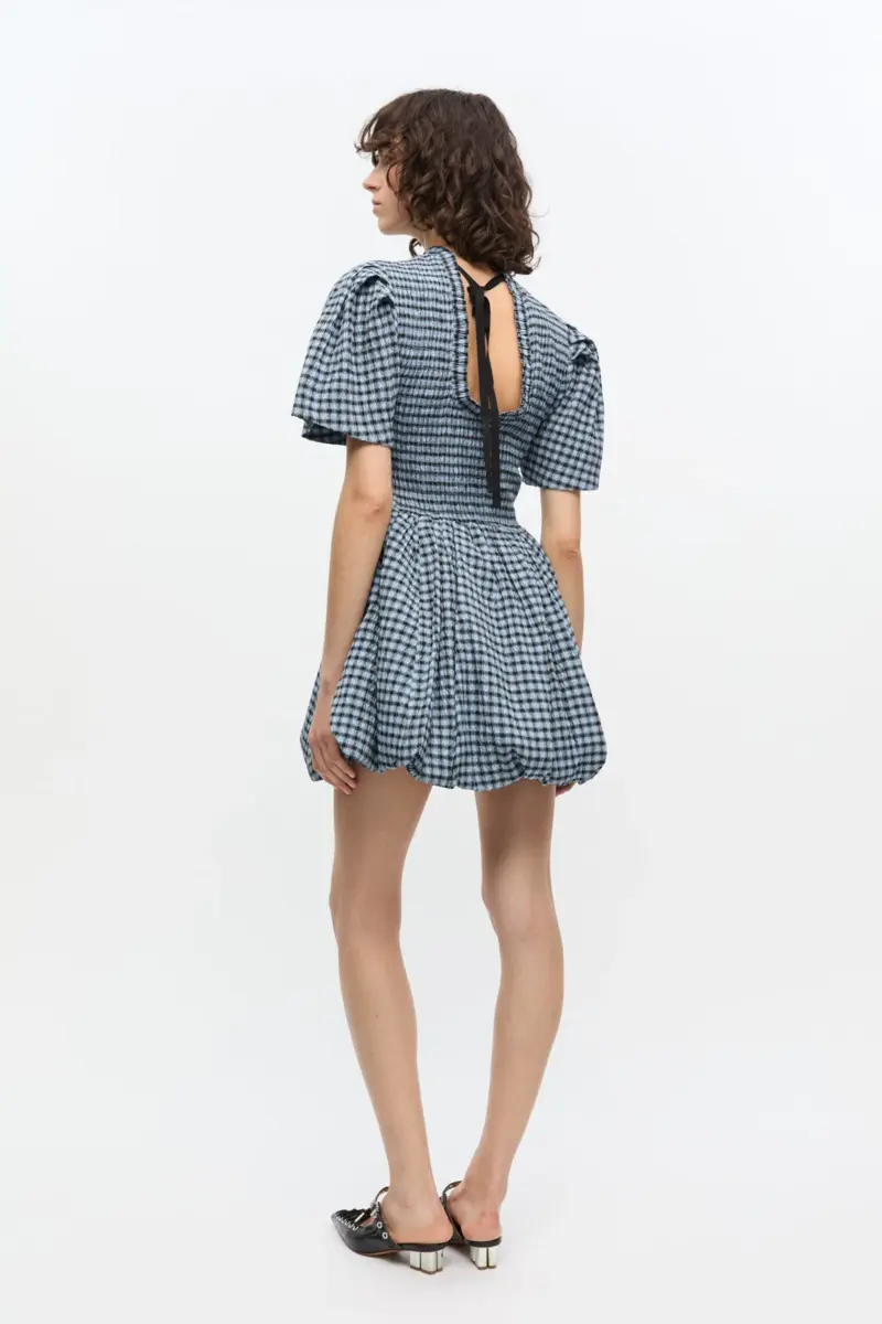 Blue Seersucker Check Mini Smock Dress