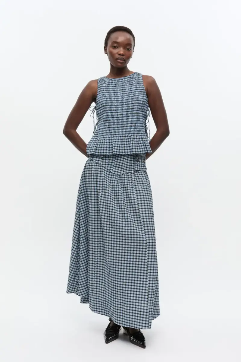 Blue Seersucker Check Smock Tie String Top