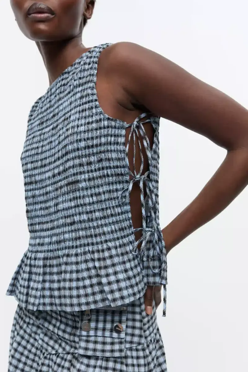 Blue Seersucker Check Smock Tie String Top Blue Seersucker Check Smock Tie String Top