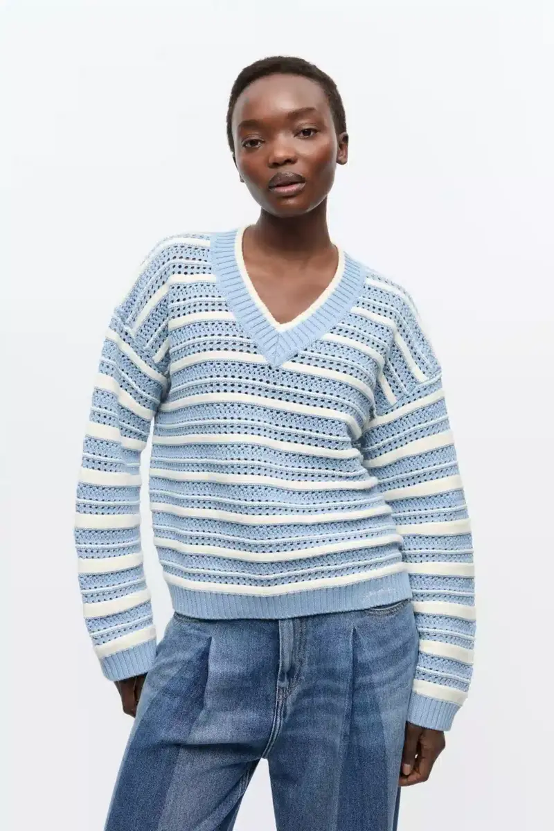 Blue Striped Cotton V-neck Jumper