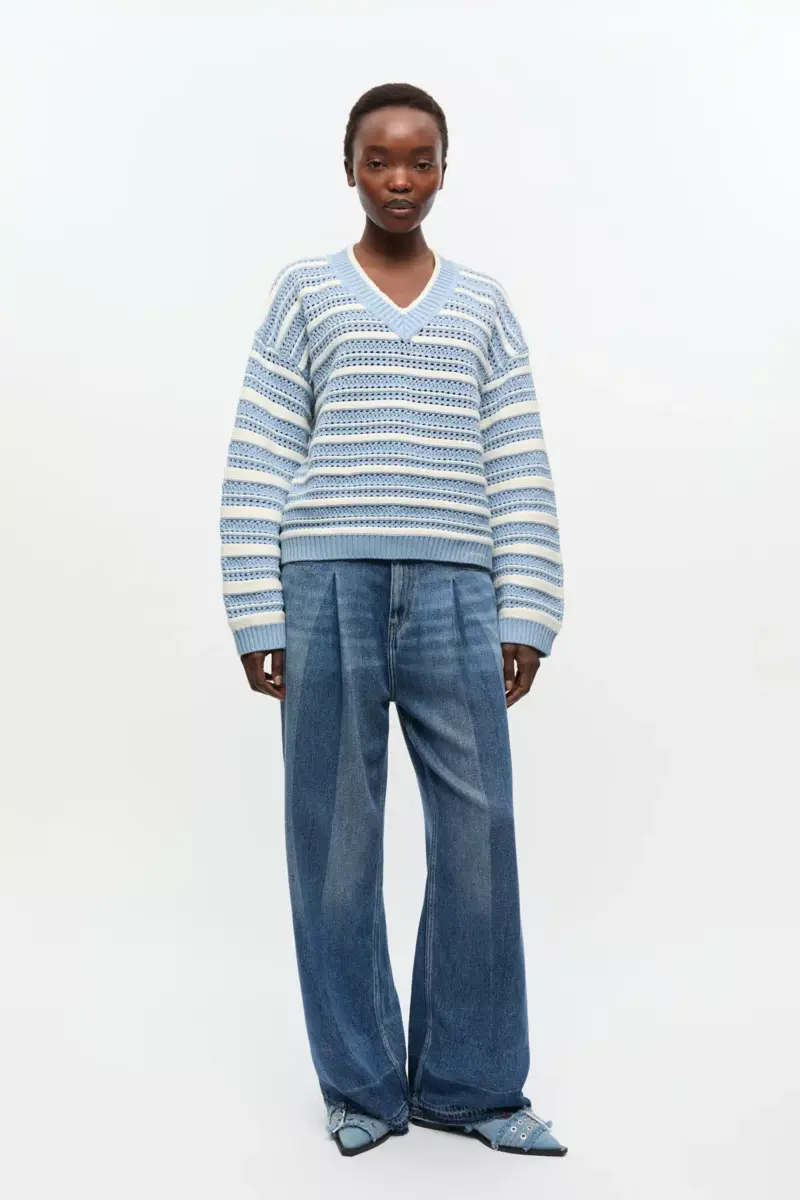 Blue Striped Cotton V-neck Jumper