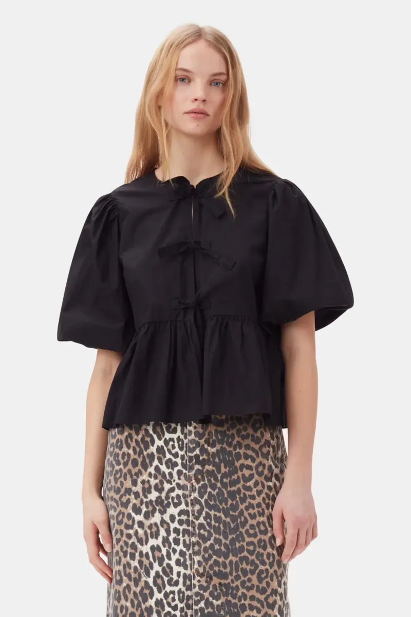 Cotton Poplin Peplum Tie Blouse