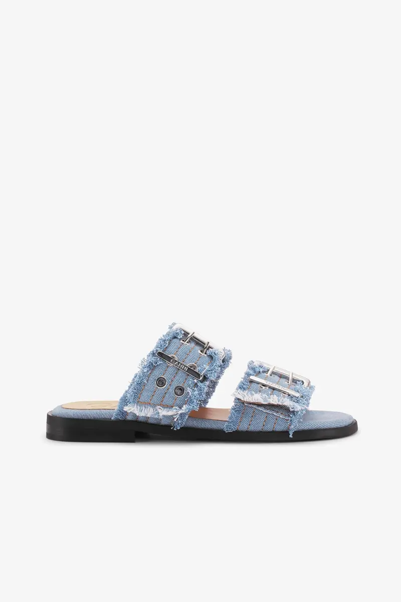 Feminine Buckle Two-Strap Sandals in Blue Denim Feminine Buckle Two-Strap Sandals in Blue Denim