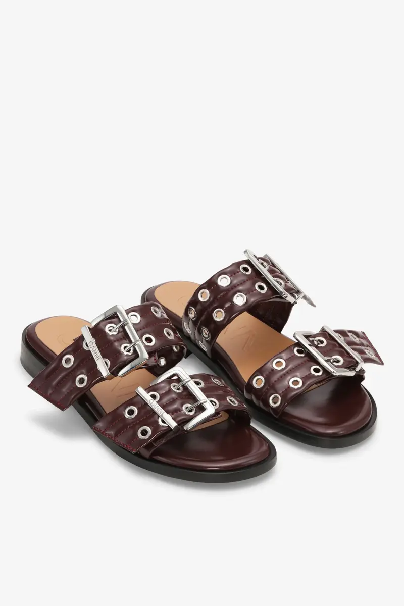 Feminine Buckle Two-Strap Sandals in Burgundy