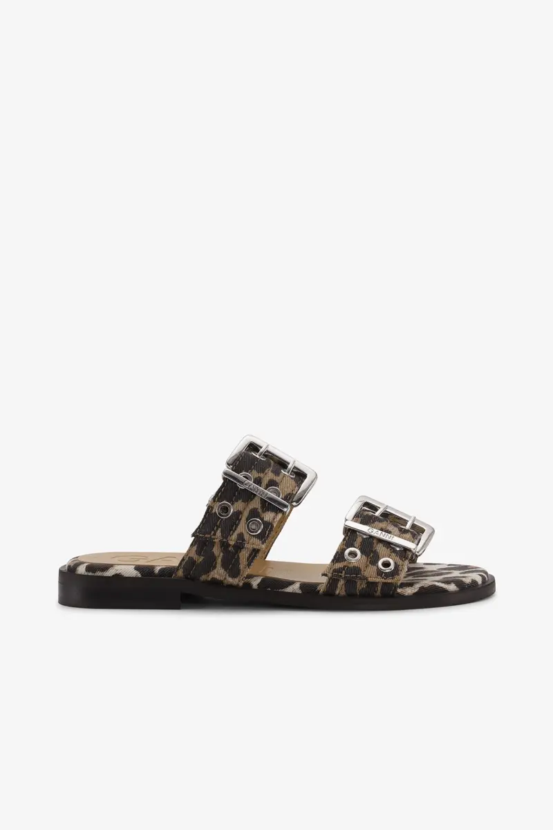 Feminine Buckle Two-Strap Sandals in Leopard Denim