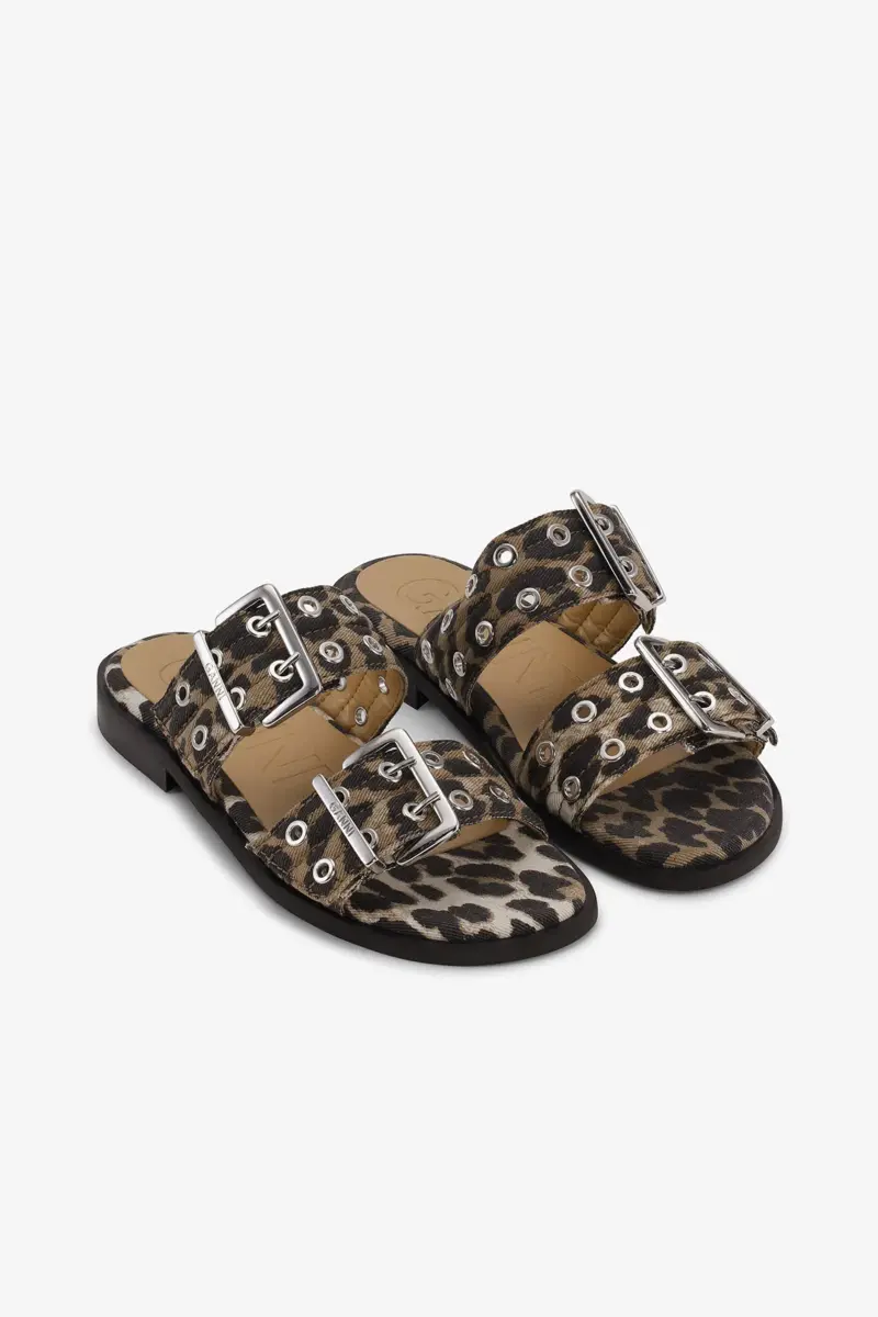 Feminine Buckle Two-Strap Sandals in Leopard Denim