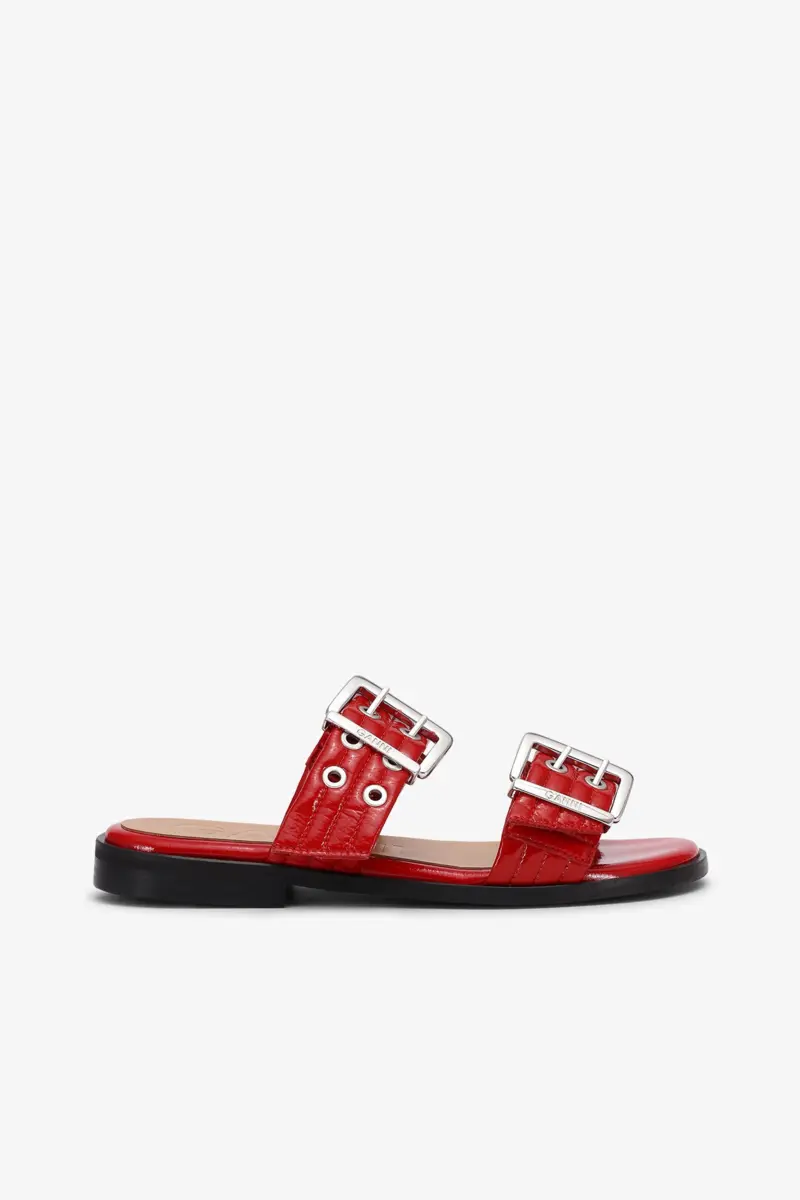 Feminine Buckle Two-Strap Sandals in Red Feminine Buckle Two-Strap Sandals in Red