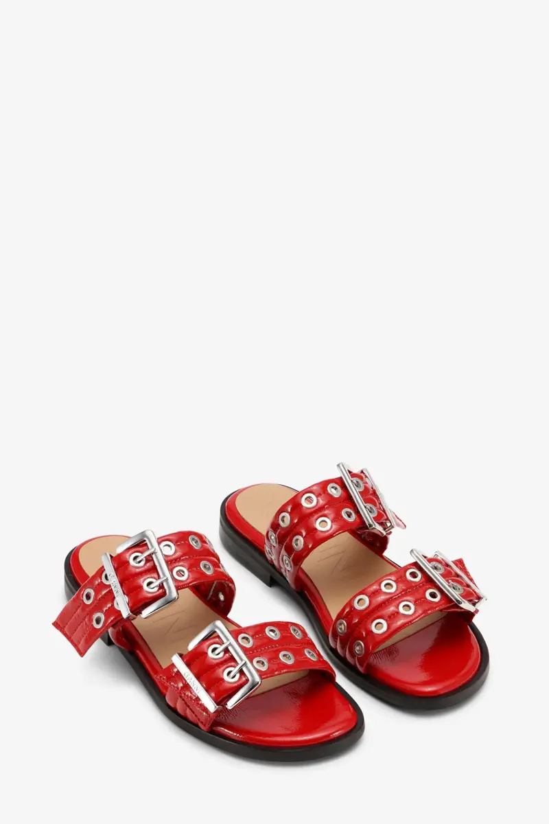 Feminine Buckle Two-Strap Sandals in Red Feminine Buckle Two-Strap Sandals in Red