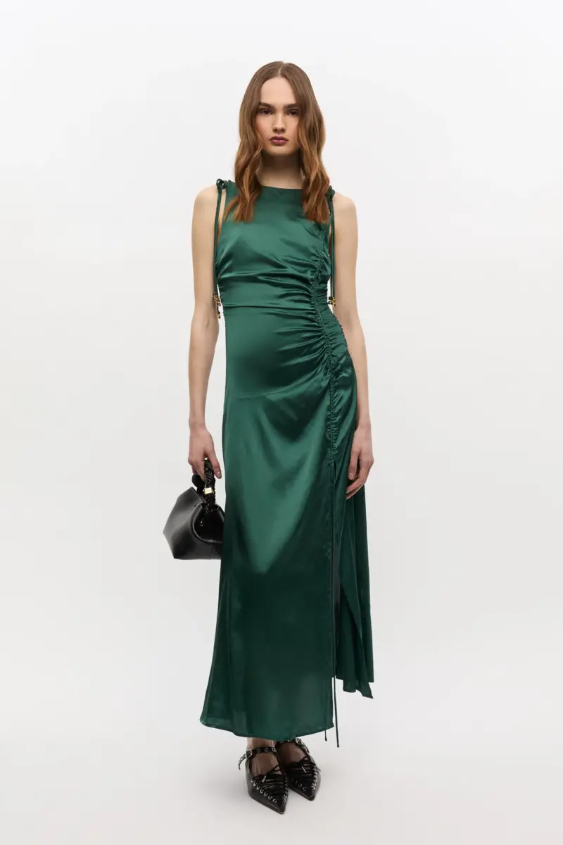 Green Satin Gathered Dress