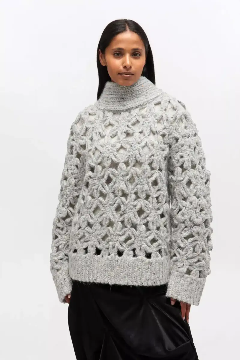 Grey Flower Crochet Sweater