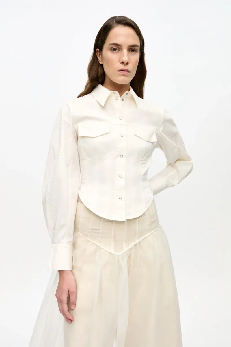 Ivory Washed Stretch Cotton Corset Shirt