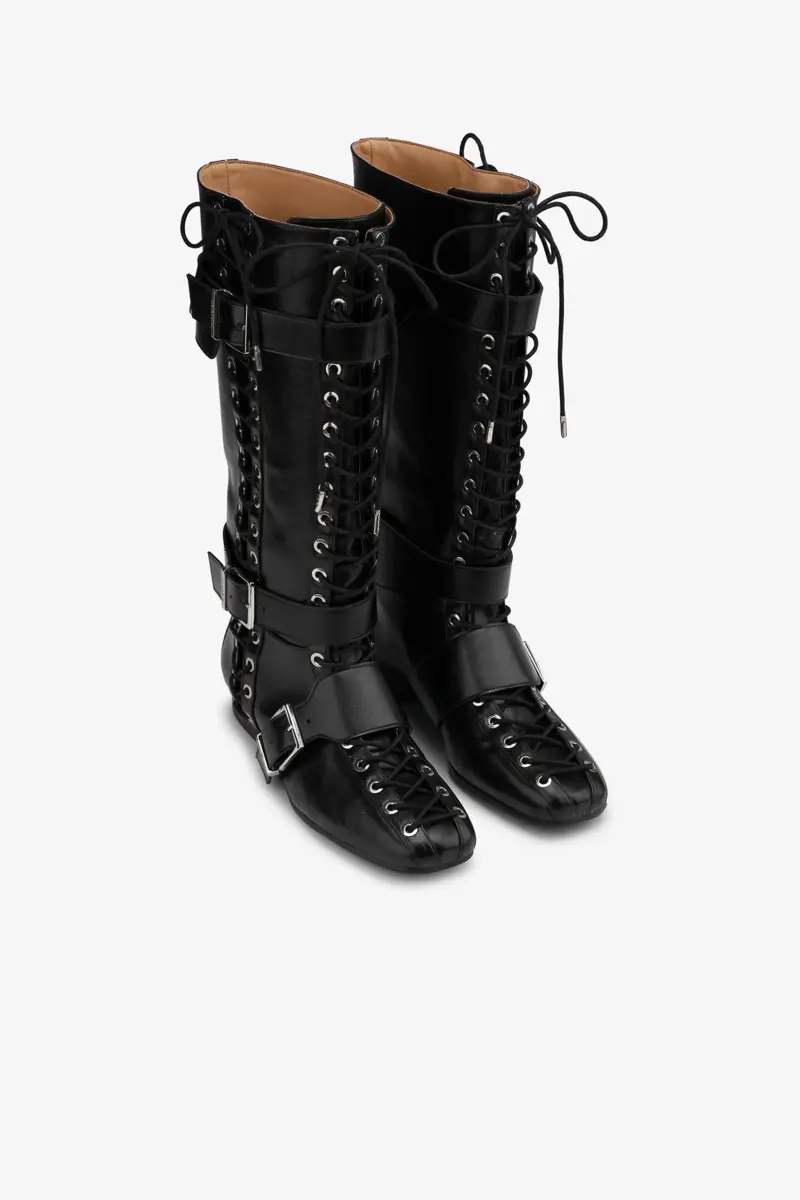 Lace-Up High Boots in Black Crinkle Oleatex