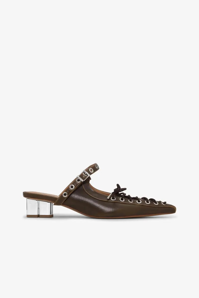 Lace-Up Mules in Dark-Olive Oleatex
