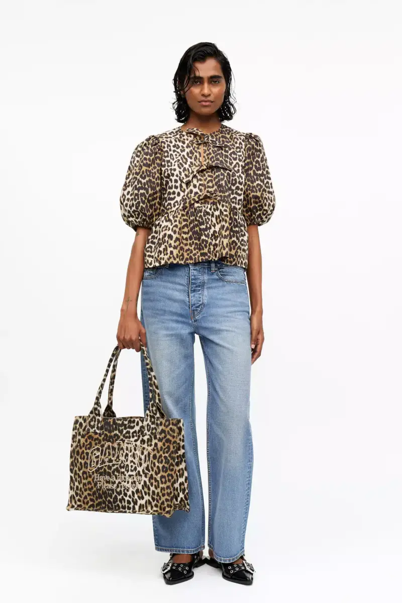 Leopard Cotton Poplin Peplum Tie Blouse