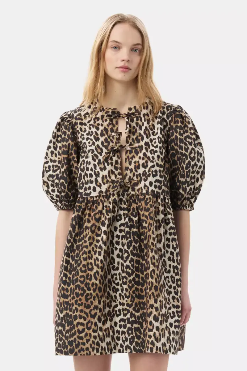 Leopard Printed Cotton Tie String Mini Dress