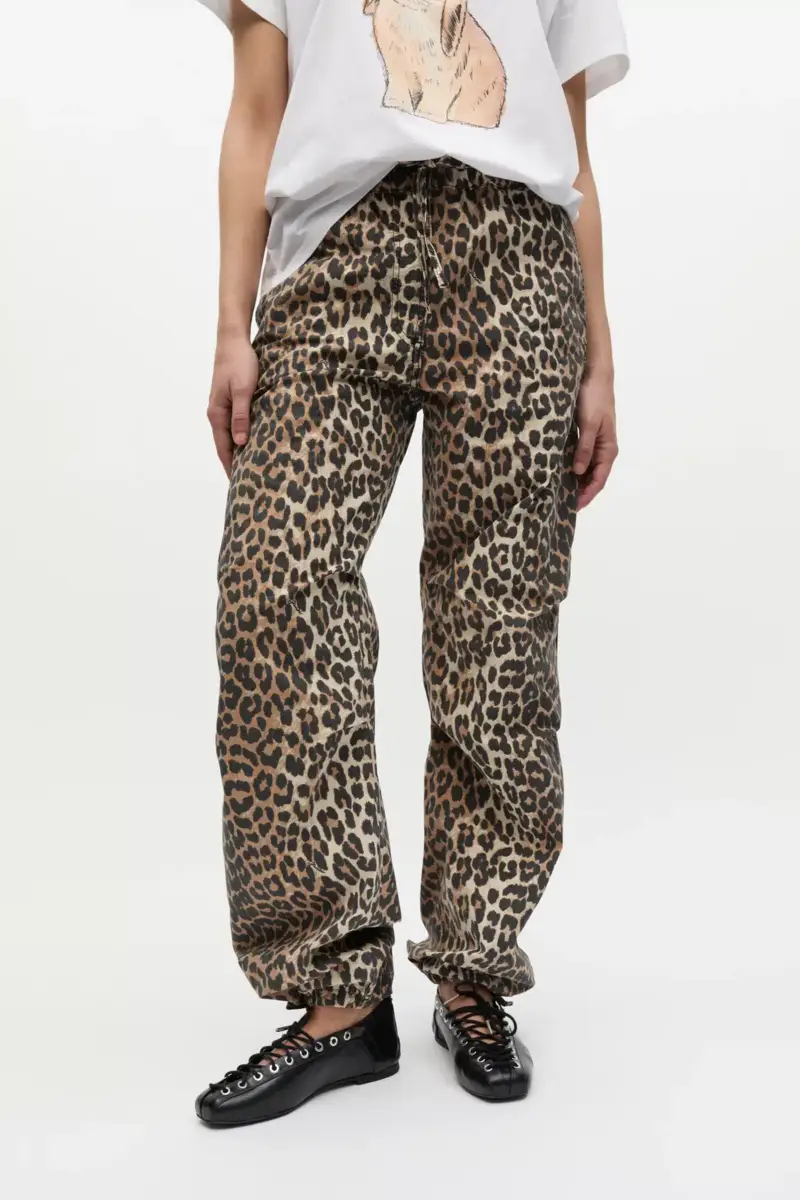 Leopard Washed Cotton Canvas Drawstring Trousers