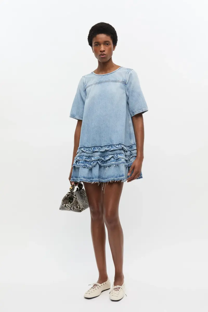 light blue denim frill mini dress 1 - Light Blue Denim Frill Mini Dress