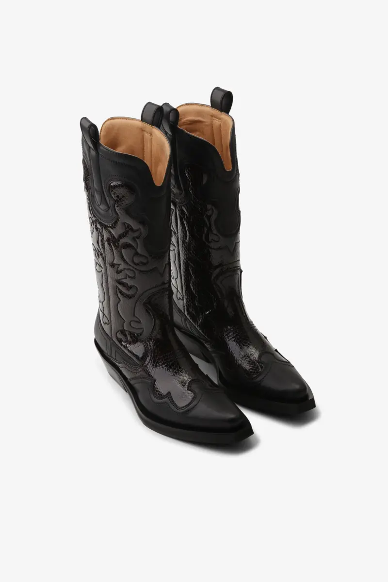 Mid Shaft Embroidered Western Boots in Burgundy