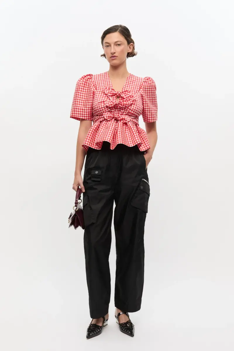 Red Crinkled Check Taffeta Blouse