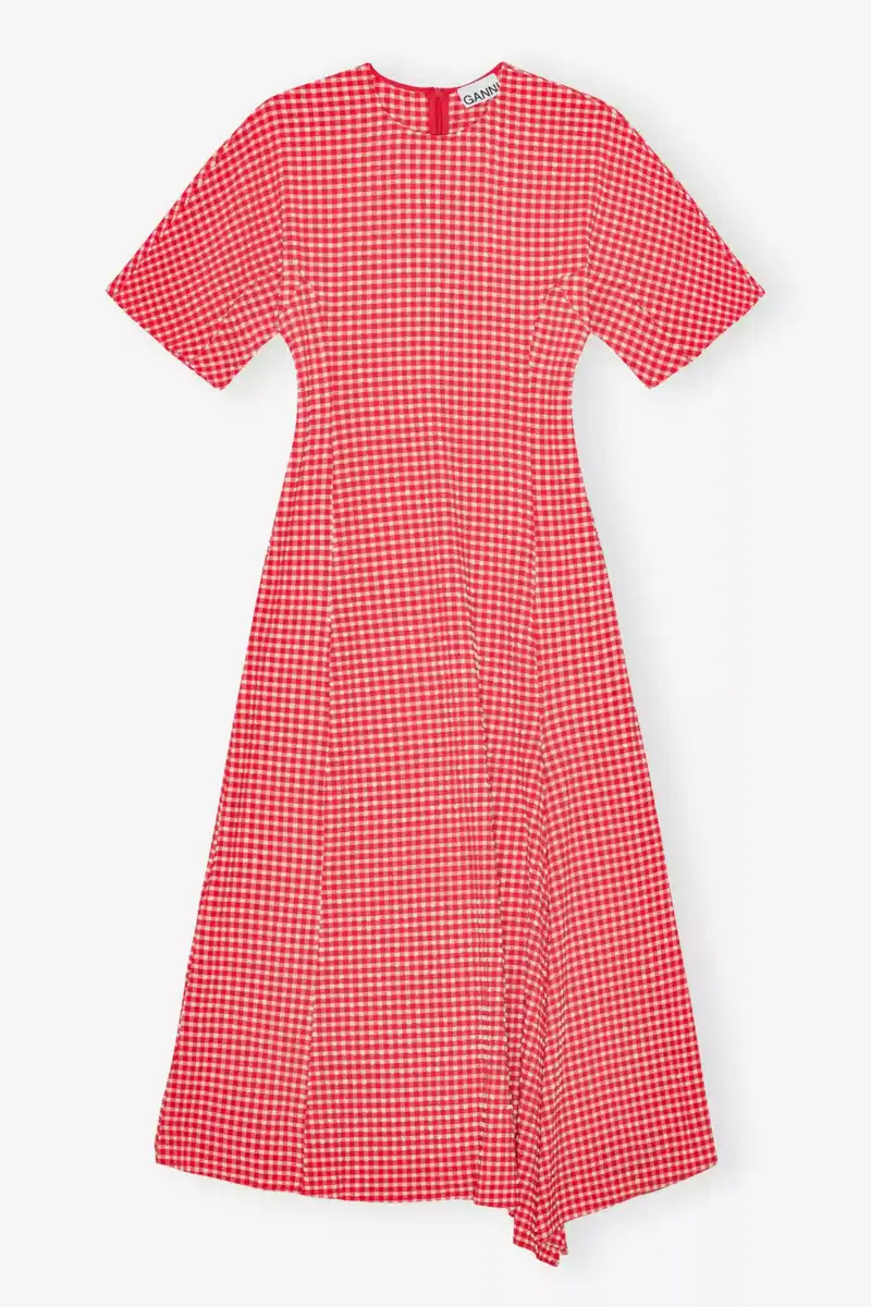 Red Stretch Seersucker Slit Dress