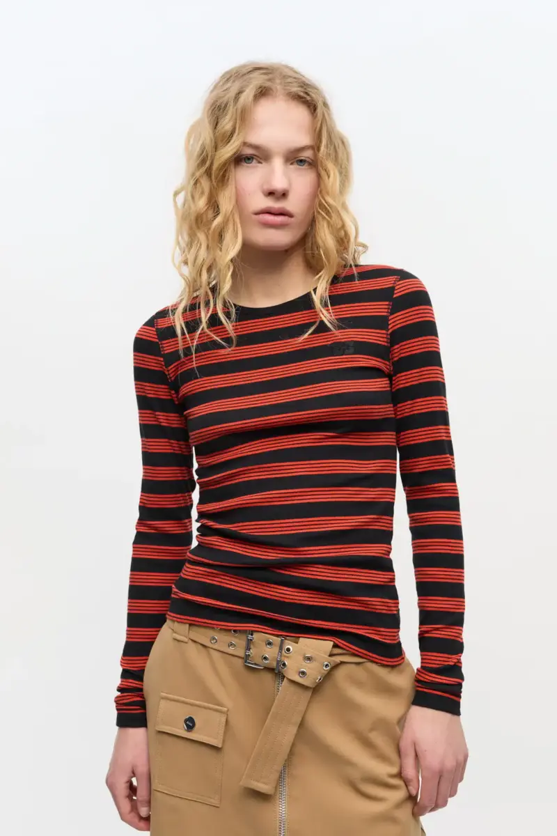 Red Striped Soft Cotton Rib Long Sleeve T-shirt