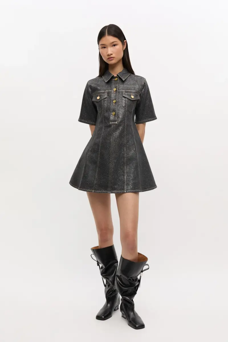 Shimmery Foil Denim Mini Dress