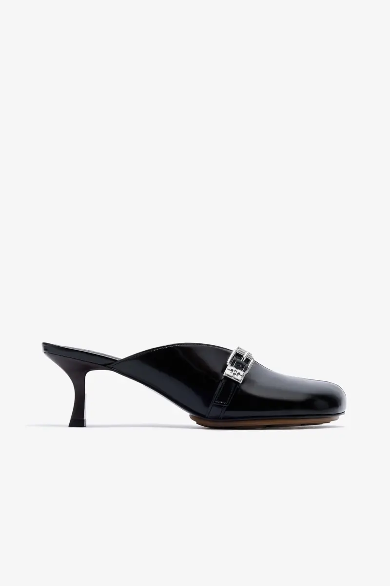 Sue Heeled Mules in Black Oleatex Sue Heeled Mules in Black Oleatex