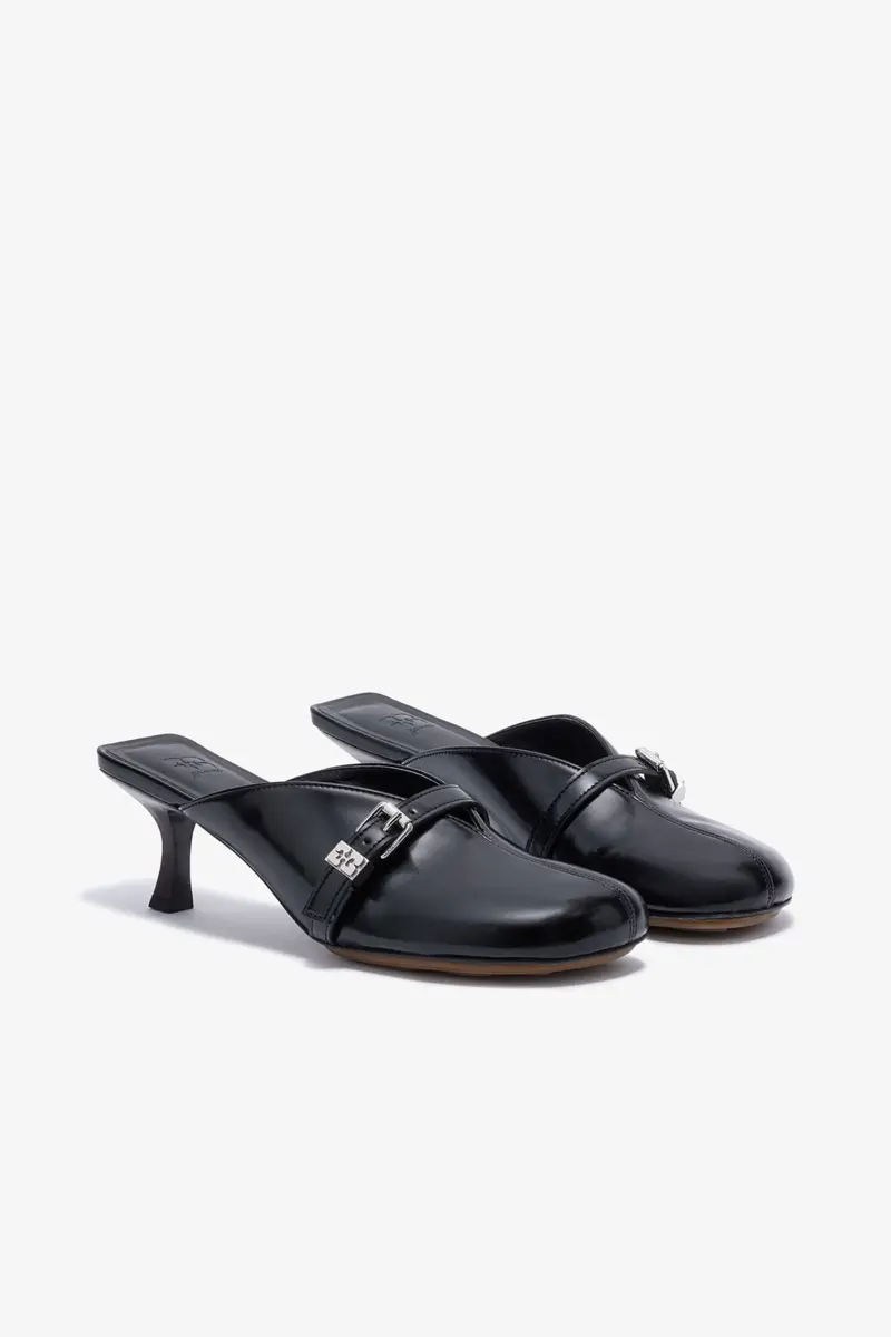 Sue Heeled Mules in Black Oleatex Sue Heeled Mules in Black Oleatex